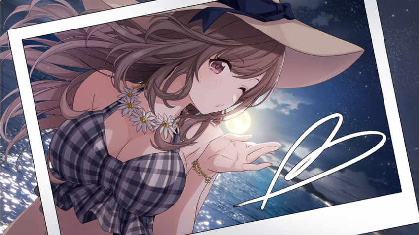 1girl bangs bikini blush bow breasts brown_eyes brown_hair eyebrows_visible_through_hair flower flower_necklace highres idolmaster idolmaster_shiny_colors jewelry large_breasts long_hair looking_at_viewer moon necklace night one_eye_closed photo_(object) ponytail sky smile solo star striped swimsuit tsukioka_kogane