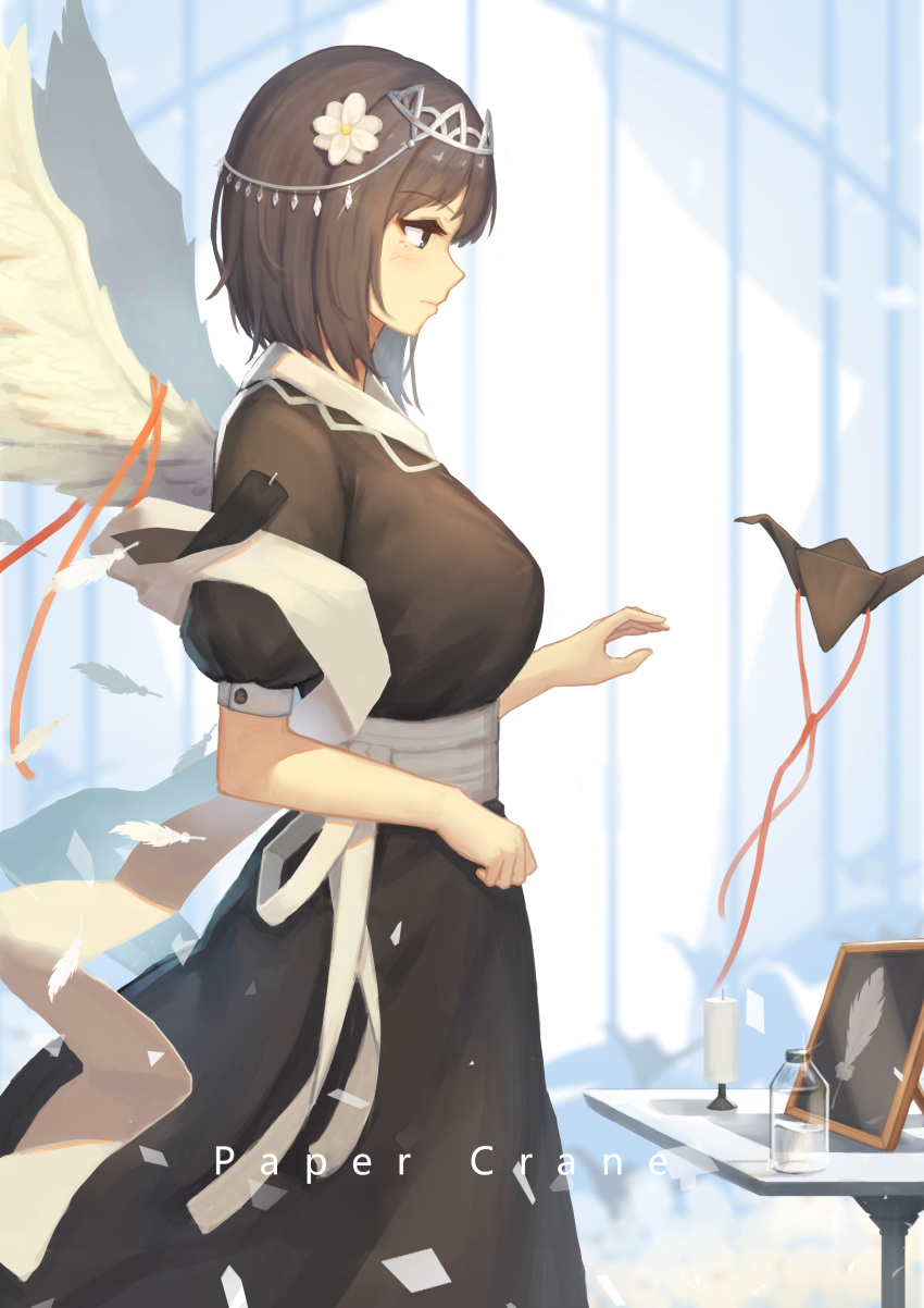 1girl absurdres blue_eyes blush breasts brown_hair closed_mouth english feathers flower from_side hair_flower hair_ornament highres indoors large_breasts looking_away origami original paper_crane puffy_short_sleeves puffy_sleeves short_sleeves solo table yao_ren_gui