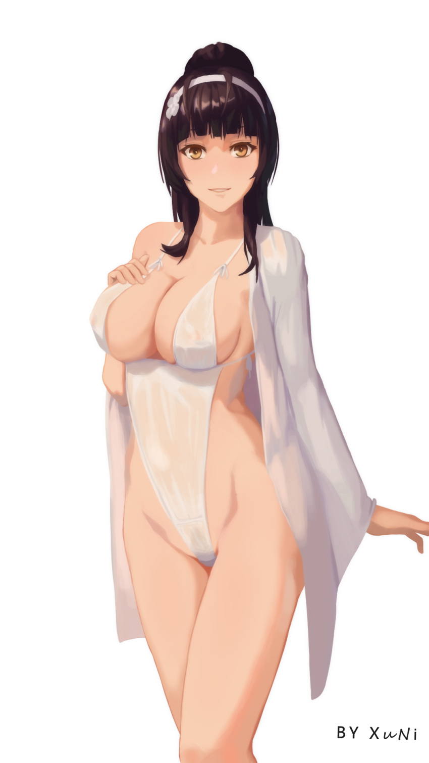 1girl alternate_costume alternate_hairstyle artist_name bangs black_hair blush breasts cape cleavage collarbone covered_nipples flower girls_frontline groin hair_flower hair_ornament hairband hand_on_own_breast highres large_breasts long_hair looking_at_viewer one-piece_swimsuit parted_lips ponytail qbz-95_(girls_frontline) sidelocks simple_background smile solo swimsuit thighs very_long_hair wet wet_clothes wet_swimsuit white_background white_hairband white_swimsuit xu_ni yellow_eyes