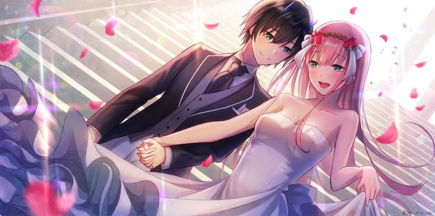 1boy 1girl bangs bare_shoulders black_hair black_neckwear black_suit blue_eyes blue_horns blush breasts cleavage collarbone collared_shirt commentary_request couple darling_in_the_franxx dress eyebrows_visible_through_hair flower formal green_eyes hair_flower hair_ornament hand_holding hetero hiro_(darling_in_the_franxx) holding_dress horns interlocked_fingers long_hair long_sleeves looking_at_another medium_breasts necktie oni_horns open_clothes petals pink_hair red_horns rochika_(ya_y_a_ya) shirt short_hair sleeveless suit waistcoat white_dress white_shirt wing_collar zero_two_(darling_in_the_franxx)