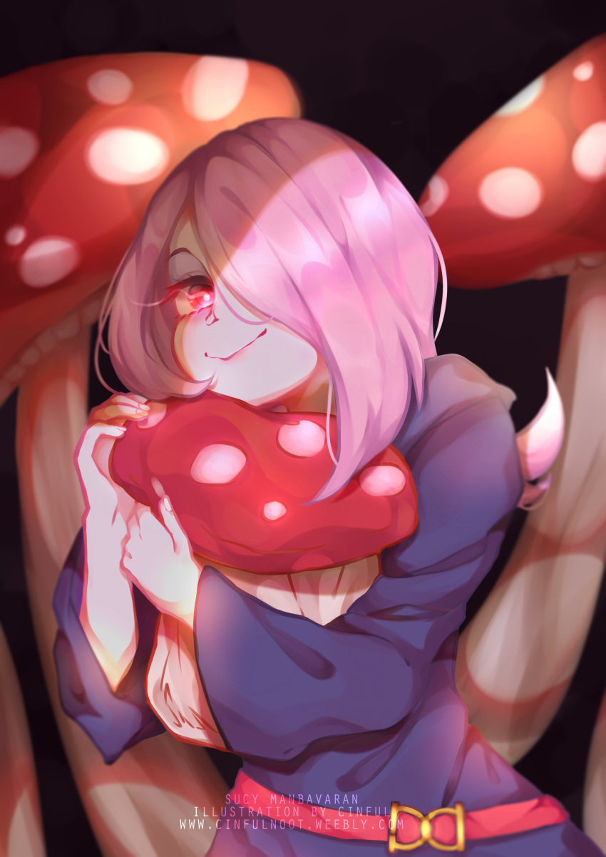 1girl absurdres artist_name black_background character_name cinful commentary fingernails glowing glowing_eyes hair_over_one_eye highres little_witch_academia long_hair looking_at_viewer luna_nova_school_uniform mushroom object_hug pink_hair red_eyes robe smile solo sucy_manbavaran watermark web_address witch