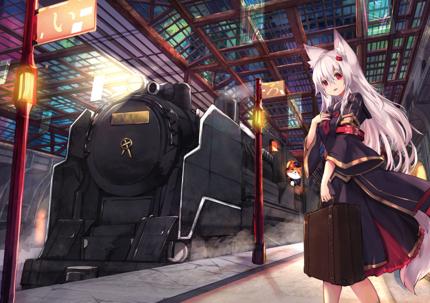 1girl animal_ears detached_sleeves fox_ears fox_tail haik hair_ornament locomotive long_hair looking_at_viewer open_mouth original red_eyes silver_hair steam_locomotive suitcase tail train_station wide_sleeves