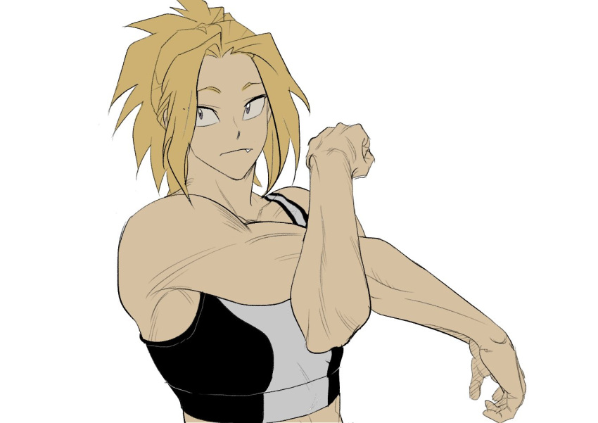 1girl bare_arms biceps blonde_hair captain_aevul fang gyeoggi_3_ban mixed_martial_arts muscle muscular_female shoulders sports_bra stretch tied_hair white_background yeo_eun-sol