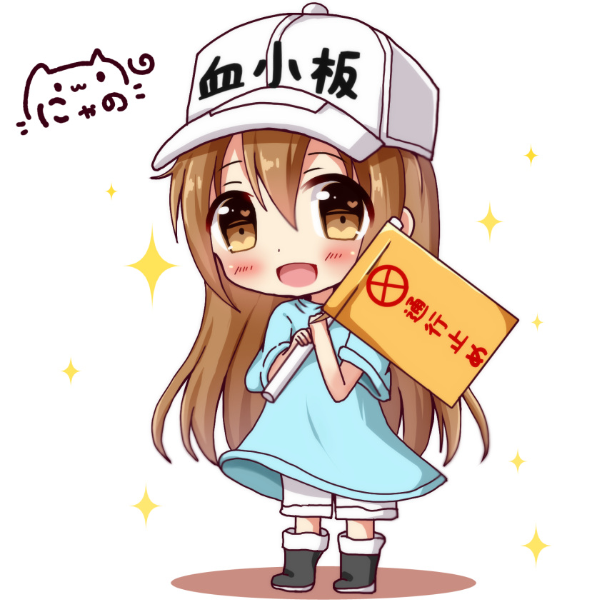 1girl :d bangs black_footwear blue_shirt blush boots brown_eyes brown_hair character_name chibi clothes_writing commentary_request eyebrows_visible_through_hair flag flat_cap hair_between_eyes hat hataraku_saibou head_tilt heart heart_in_eye highres holding holding_flag long_hair looking_at_viewer nyano21 open_mouth platelet_(hataraku_saibou) shirt short_sleeves shorts signature smile solo sparkle standing symbol_in_eye very_long_hair white_background white_hat white_shorts