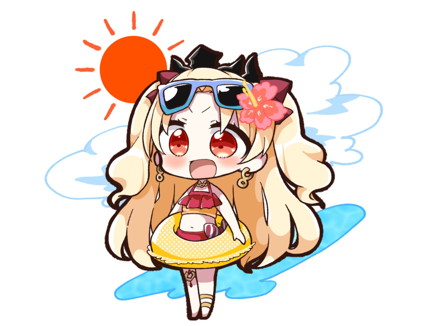1girl :d bangs bare_arms bare_shoulders barefoot bikini blonde_hair blue-framed_eyewear blush bow chibi clouds commentary_request earrings ereshkigal_(fate/grand_order) eyewear_on_head fate/grand_order fate_(series) flower hair_bow hair_flower hair_ornament highres infinity innertube jako_(jakoo21) jewelry long_hair open_mouth parted_bangs pink_flower polka_dot_innertube red_bikini red_bow red_eyes simple_background smile solo standing sun_(symbol) sunglasses swimsuit tiara tohsaka_rin two_side_up unmoving_pattern v-shaped_eyebrows very_long_hair white_background yellow_innertube