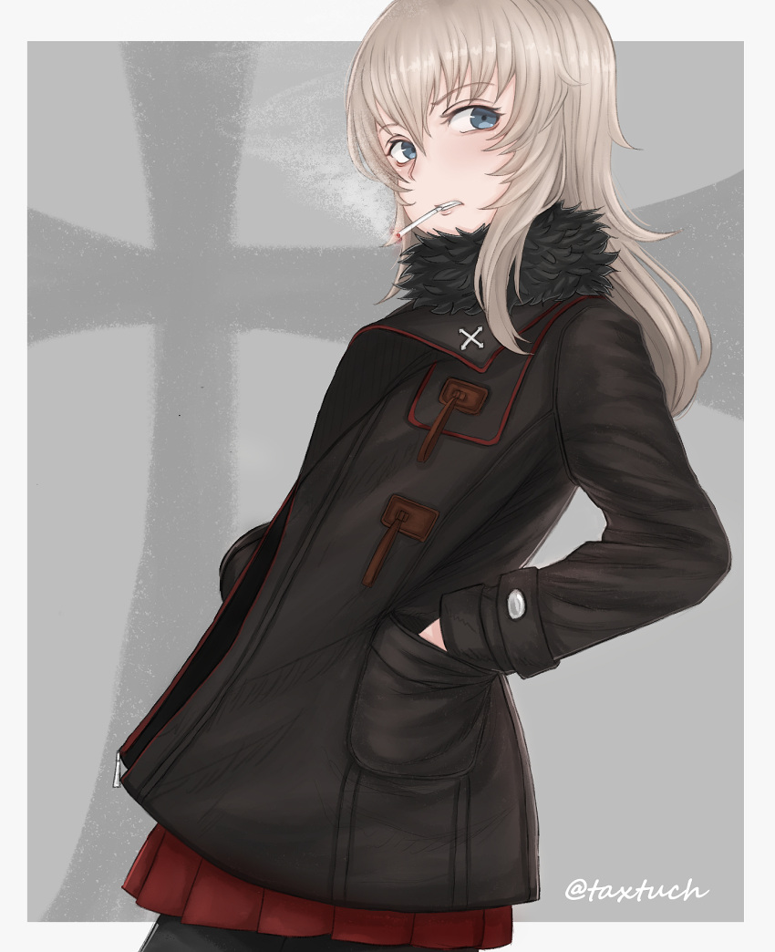 1girl bangs black_coat black_legwear cigarette clenched_teeth coat commentary cowboy_shot eyebrows_visible_through_hair frown fur_collar girls_und_panzer grey_background hands_in_pockets highres iron_cross itsumi_erika kuromorimine_military_uniform long_hair long_sleeves looking_at_viewer miniskirt mouth_hold open_clothes open_coat outside_border pantyhose pleated_skirt red_skirt skirt smoking solo standing tacch teeth twitter_username winter_uniform zipper