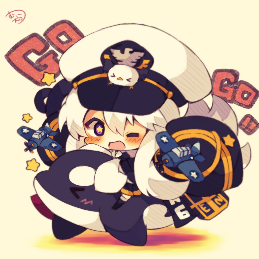 &gt;_&lt; 1girl ;d aircraft airplane animal animal_on_head azur_lane bald_eagle bangs bird bird_on_head black_coat black_skirt blush chibi closed_eyes eagle enterprise_(azur_lane) hair_between_eyes hat highres long_sleeves military_hat muuran on_head one_eye_closed open_mouth peaked_cap pleated_skirt shirt skirt sleeves_past_fingers sleeves_past_wrists smile solo star star-shaped_pupils symbol-shaped_pupils violet_eyes white_hat white_shirt