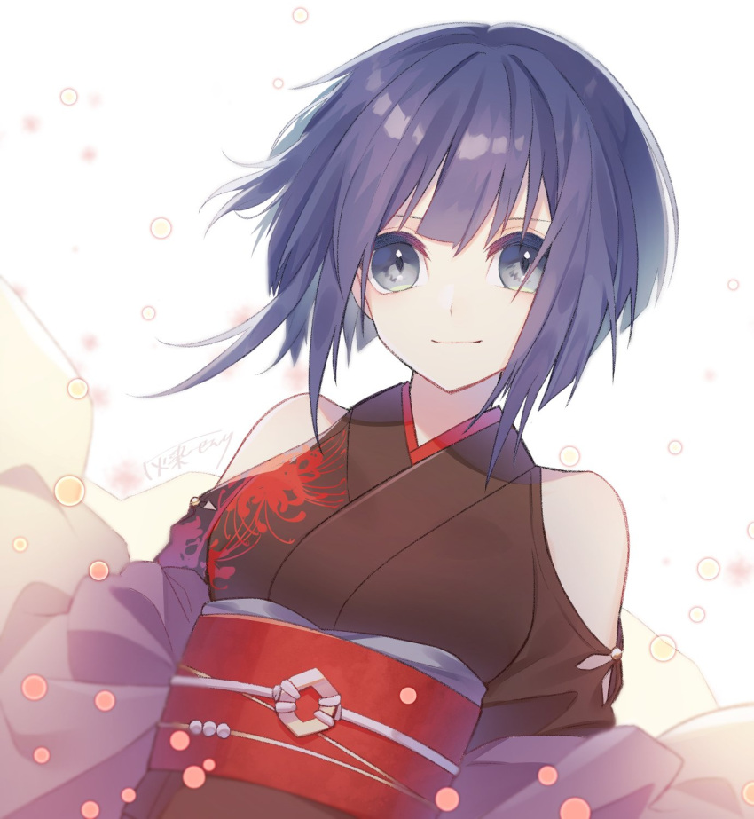1girl bare_shoulders blue_eyes blue_hair bob_cut haizome_senri hasedou_(oshiro_project) highres japanese_clothes kimono looking_at_viewer obi oshiro_project oshiro_project_re sash short_hair simple_background smile solo upper_body white_background