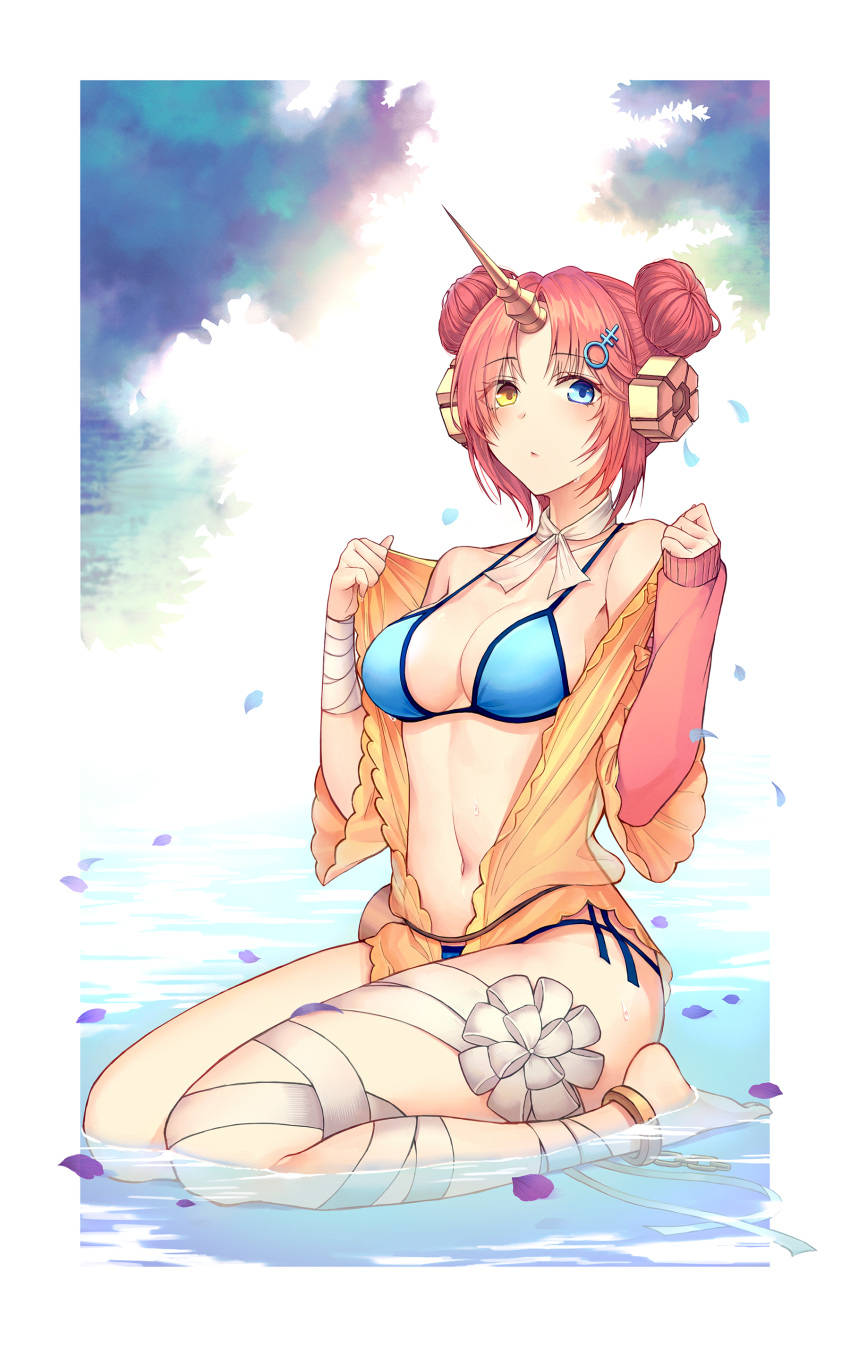 1girl absurdres bandage bandaged_arm bandaged_leg bandages bangs bare_shoulders barefoot bikini blue_bikini blue_eyes blue_sky blush border breasts chains choker cleavage closed_mouth collarbone commentary_request cuffs day double_bun eyebrows_visible_through_hair eyes_visible_through_hair falling_petals fate/grand_order fate_(series) frankenstein's_monster_(fate) frankenstein's_monster_(swimsuit_saber)_(fate) full_body hair_ornament hairclip headgear heterochromia highres horn jacket kimsw0522 looking_at_viewer medium_breasts navel open_clothes open_jacket orange_jacket parted_bangs petals petals_on_liquid pink_hair ribbon_choker see-through seiza shiny shiny_hair short_hair single_sleeve sitting sky sleeves_past_wrists solo stomach swimsuit water wet white_border white_choker yellow_eyes