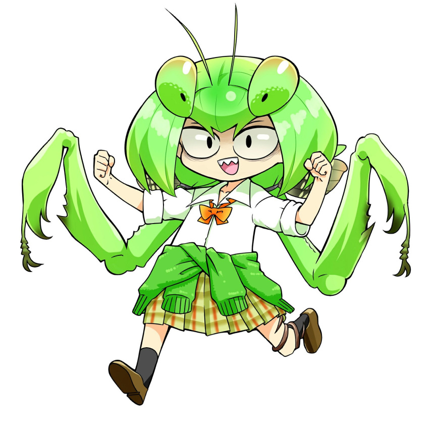 1girl antennae bangs black_eyes black_legwear bow bowtie chibi clothes_around_waist collared_shirt commentary evolvingmonkey full_body green_hair highres insect_girl kneehighs loose_bowtie original pleated_skirt praying_mantis running school_uniform sharp_teeth shirt short_hair simple_background skirt solo sweater_around_waist teeth twintails white_background white_shirt