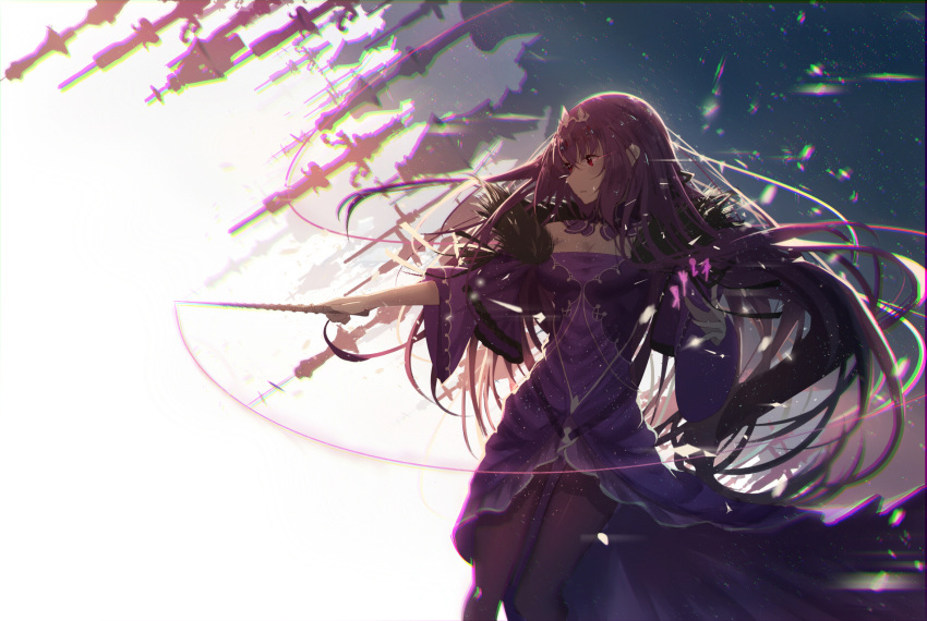 1girl bare_shoulders black_legwear breasts cleavage commentary_request detached_sleeves dress fate/grand_order fate_(series) fur-trimmed_sleeves fur_trim hand_up headpiece highres holding holding_wand long_hair long_sleeves looking_away looking_to_the_side medium_breasts pantyhose purple_dress purple_hair re:rin red_eyes scathach_skadi_(fate/grand_order) solo standing very_long_hair wand wide_sleeves