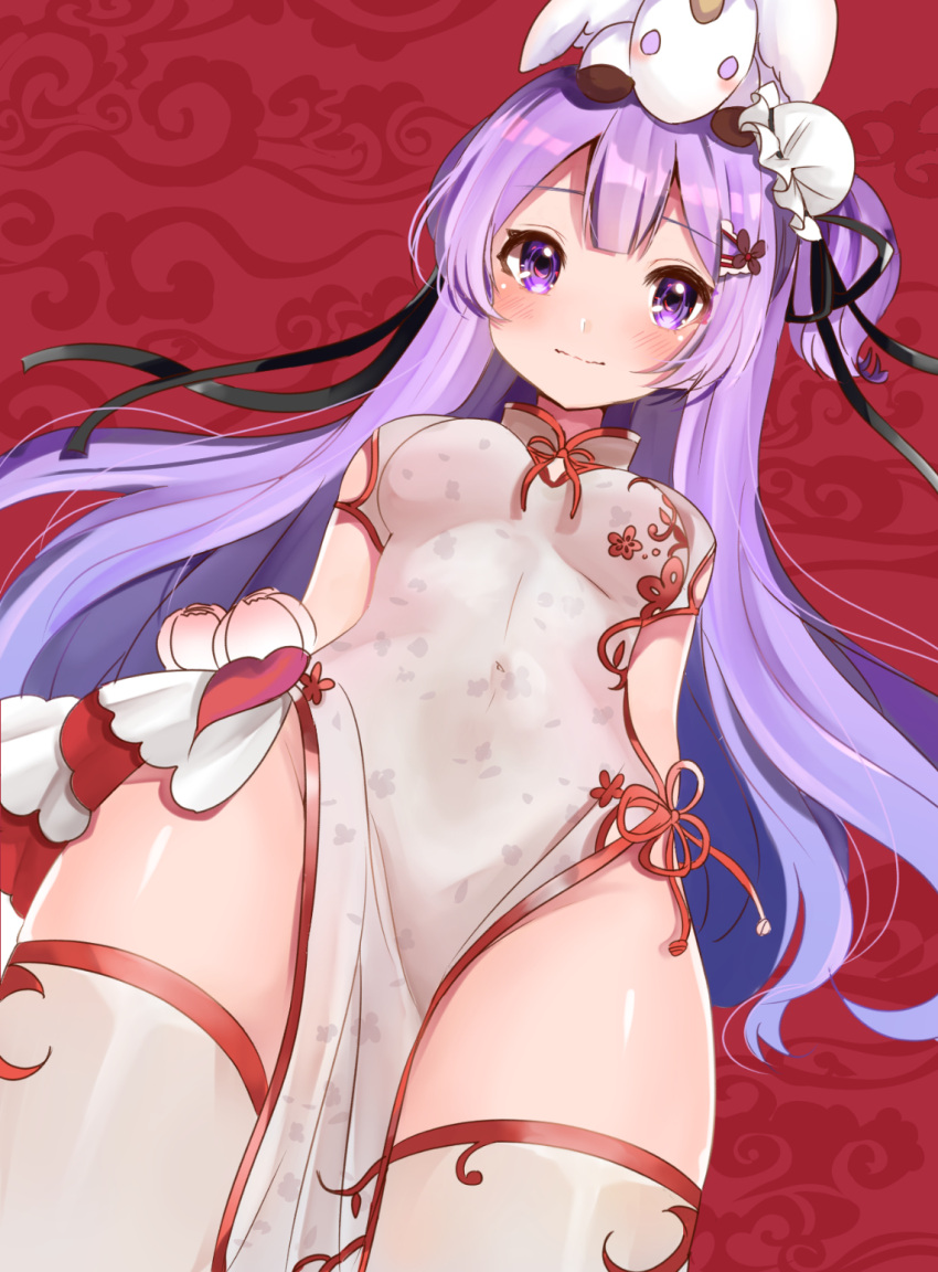 1girl azur_lane bangs black_ribbon blush breasts bun_cover china_dress chinese_clothes closed_mouth commentary_request covered_navel dress dutch_angle eyebrows_visible_through_hair from_below groin hair_bun highres katsushika_pachi long_hair looking_at_viewer looking_down medium_breasts on_head one_side_up pelvic_curtain purple_hair ribbon short_sleeves side_bun solo stuffed_animal stuffed_pegasus stuffed_toy stuffed_unicorn thigh-highs unicorn_(azur_lane) very_long_hair violet_eyes wavy_mouth white_dress white_legwear