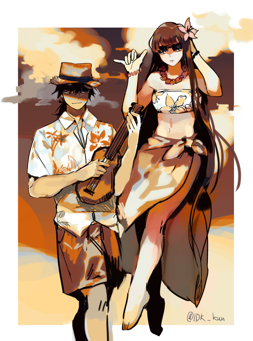 1boy 1girl banjo barefoot bikini black_hair bracelet brown_hair closed_mouth clouds cloudy_sky collared_shirt fate/grand_order fate_(series) floating floral_print flower hair_flower hair_ornament hat highres holding holding_instrument idk-kun instrument jewelry long_hair looking_at_viewer music navel oryou_(fate) outdoors playing_instrument ponytail sakamoto_ryouma_(fate) sarong shirt short_sleeves shorts sky smile straw_hat sunglasses swimsuit twitter_username wing_collar