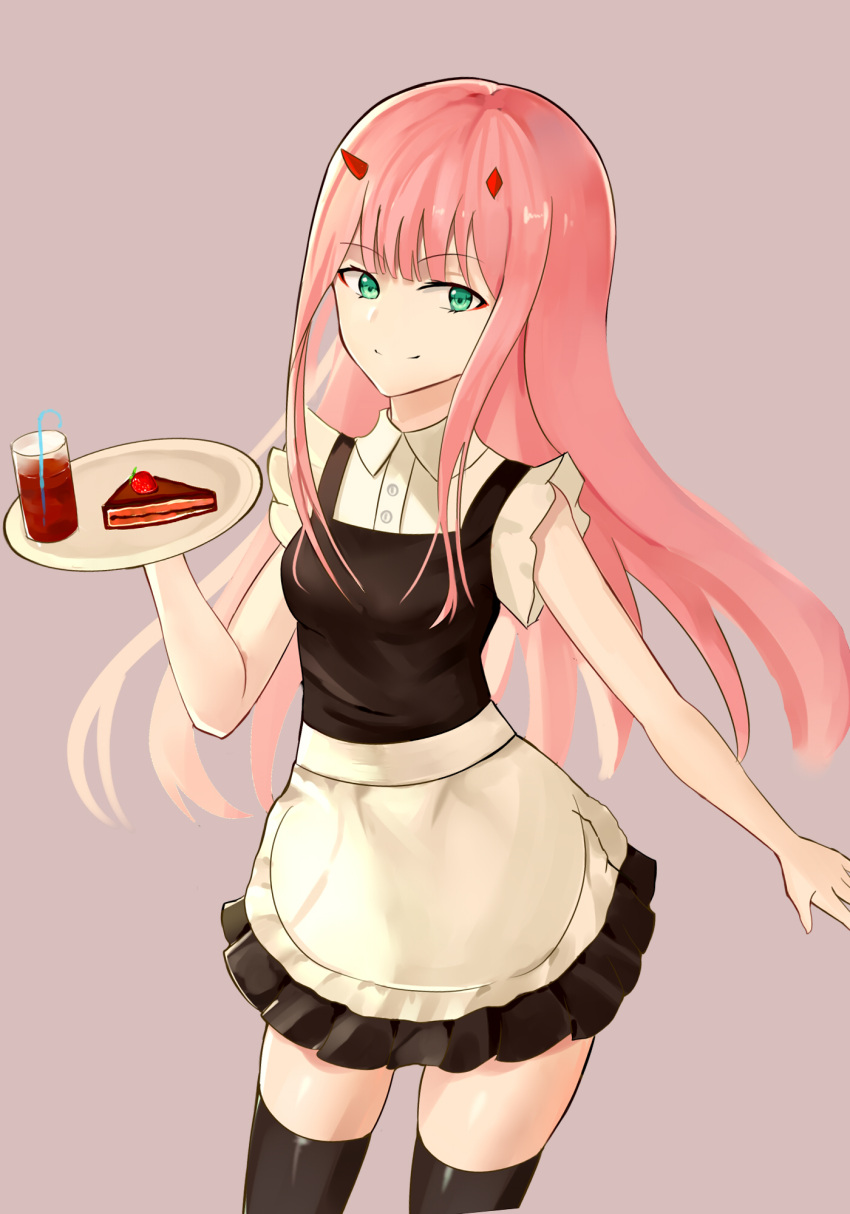 1girl alternate_costume april_cho apron bangs black_legwear black_skirt cake cowboy_shot darling_in_the_franxx dress_shirt drinking_straw enmaided eyebrows_visible_through_hair floating_hair food glass green_eyes grey_background highres horns long_hair looking_at_viewer maid miniskirt pink_hair pleated_skirt shiny shiny_clothes shiny_hair shirt simple_background skirt smile solo standing thigh-highs very_long_hair white_apron white_shirt zero_two_(darling_in_the_franxx)