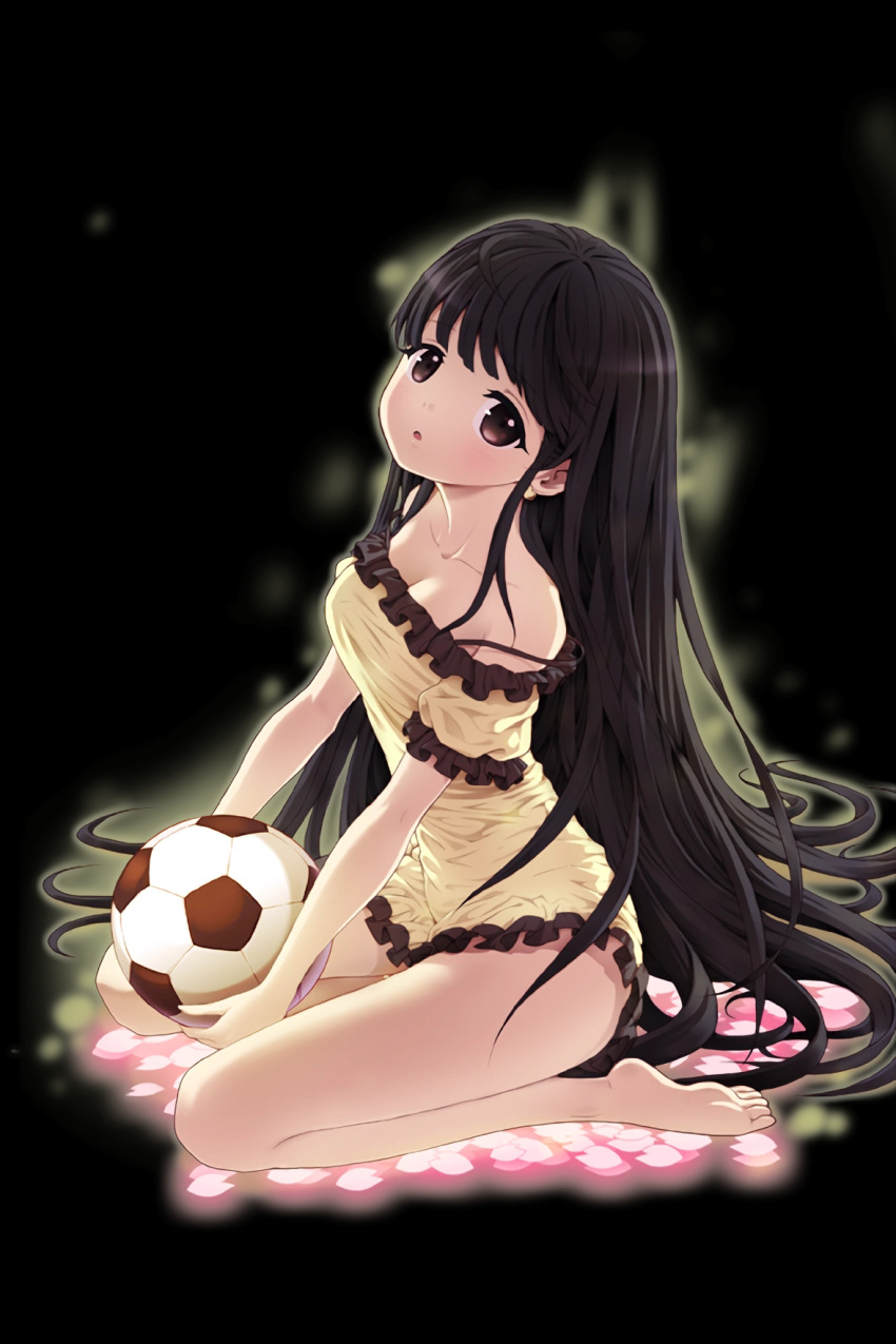 1girl amaranth_(soccer_spirits) ball bare_shoulders barefoot black_background black_eyes black_hair breasts cleavage full_body highres holding holding_ball long_hair looking_at_viewer official_art petals simple_background sitting small_breasts soccer_ball soccer_spirits solo very_long_hair