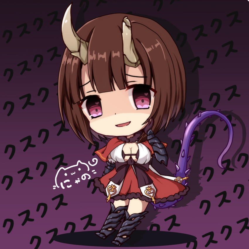 1girl :d armored_boots bangs bikini_top black_bikini_top black_footwear blunt_bangs boots breasts broken_horn brown_hair capelet chibi cleavage commentary_request dress eyebrows_visible_through_hair fur-trimmed_dress fur_collar gauntlets hand_on_own_cheek head_tilt heart heart_in_eye highres horns knee_boots looking_at_viewer medium_breasts nyano21 open_mouth princess_connect! princess_connect!_re:dive red_capelet red_dress ribbon shaded_face signature smile solo spikes symbol_in_eye tail tail_ribbon translated violet_eyes yandere
