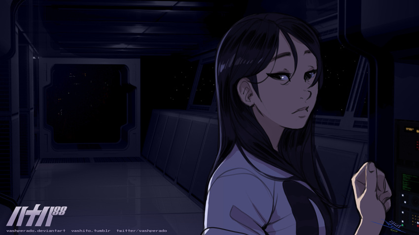 1girl 88_(mike_nesbitt) black_hair commentary english_commentary half-closed_eyes long_hair looking_at_viewer mike_nesbitt original shirt solo space space_station t-shirt watermark web_address