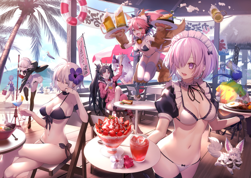 3boys 6+girls :d absurdres ahoge alternate_costume apron arm_up artoria_pendragon_(all) artoria_pendragon_(swimsuit_rider_alter) asterios_(fate/grand_order) beer_mug bikini black_gloves black_hair black_legwear blue_hair bow braid breasts bright_pupils closed_eyes detached_collar doll_joints elbow_gloves euryale eyebrows_visible_through_hair fangs fate/grand_order fate_(series) flower food fruit gilgamesh gloves hair_bow hair_flower hair_ornament hair_over_one_eye headpiece highres hood hoodie horns huge_filesize ishtar_(swimsuit_rider)_(fate) jack_the_ripper_(fate/apocrypha) jeanne_d'arc_(alter)_(fate) jeanne_d'arc_(fate)_(all) jeanne_d'arc_alter_santa_lily lancer large_breasts legs_crossed long_hair low_ponytail maid_bikini maid_headdress mash_kyrielight medium_breasts mop mordred_(fate)_(all) mordred_(swimsuit_rider)_(fate) multiple_boys multiple_girls navel nursery_rhyme_(fate/extra) open_mouth outdoors palm_tree parfait paw_gloves paws pink_hair puffy_short_sleeves puffy_sleeves ribbon_trim sand_castle sand_sculpture shinooji short_hair short_sleeves side-tie_bikini silver_hair sitting small_breasts smile strawberry swimsuit tamamo_(fate)_(all) tamamo_cat_(fate) tattoo thigh-highs tray tree twin_braids violet_eyes waist_apron wariza white_legwear white_pupils wrist_cuffs yellow_eyes