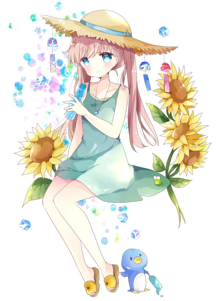 1girl anchor bangs bare_arms bare_shoulders blue_eyes blue_ribbon blush breasts brown_footwear closed_mouth collarbone commentary dress eyebrows_visible_through_hair flower food full_body green_dress hat hat_ribbon head_tilt highres holding ice ice_cube long_hair looking_at_viewer original popsicle ramune ribbon sandals sitting sleeveless sleeveless_dress smile solo straw_hat sunflower symbol_commentary tsukiyo_(skymint) very_long_hair white_background wind_chime yellow_flower