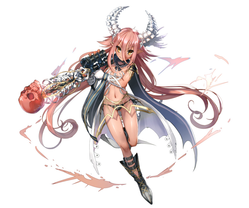 1girl black_bikini_bottom boots breasts dark_skin eyebrows_visible_through_hair full_body gloves gluteal_fold gun hair_between_eyes hair_flaps holding holding_gun holding_weapon horns long_hair looking_at_viewer navel observerz original pauldrons pink_hair pointy_ears revealing_clothes rocket_launcher rpg shiny shiny_skin showgirl_skirt small_breasts smile solo very_long_hair weapon white_background yellow_eyes