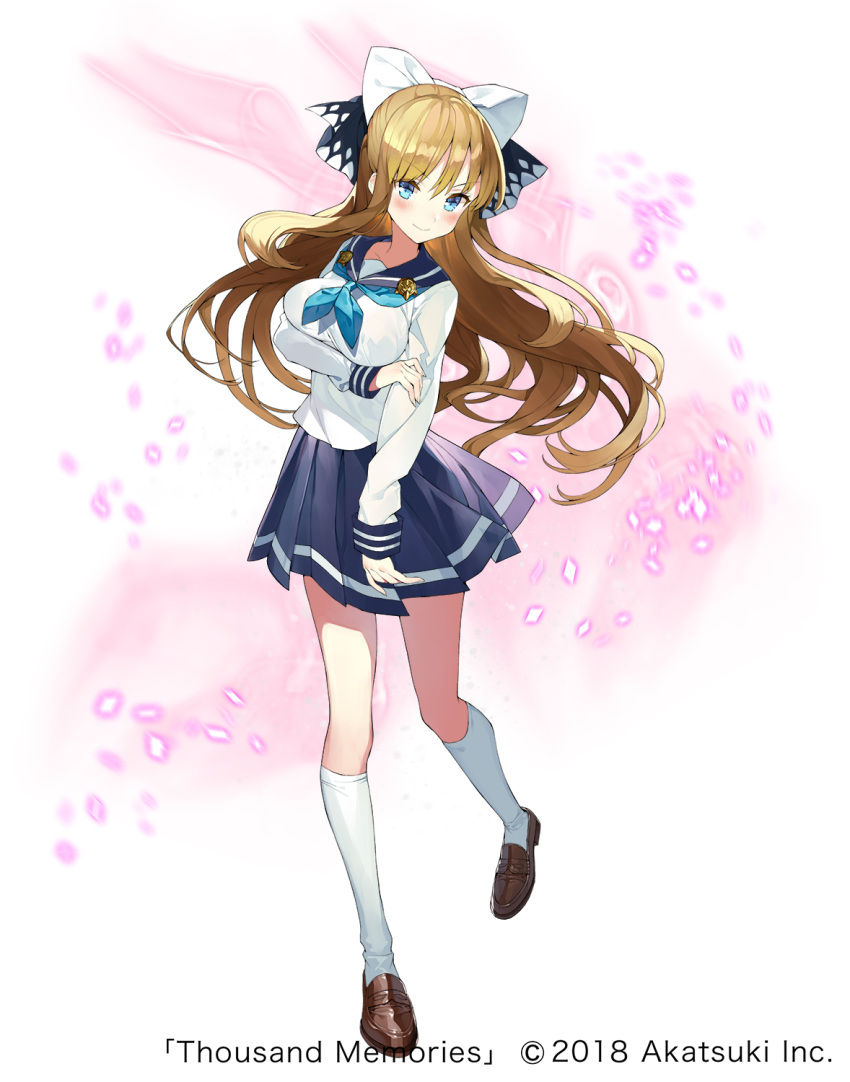 1girl bangs blonde_hair blue_eyes blue_neckwear blush bow breasts brown_footwear closed_mouth copyright_name eyebrows_visible_through_hair floating_hair full_body hair_bow highres large_breasts loafers long_hair long_sleeves looking_at_viewer matsui_hiroaki neckerchief official_art pleated_skirt purple_sailor_collar purple_skirt sailor_collar sandals school_uniform serafuku shoes skirt smile solo standing thousand_memories watermark white_legwear