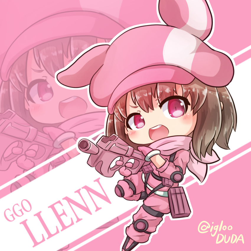 1girl animal_hat asimo953 bangs blush brown_hair bullpup bunny_hat character_name chibi commentary_request copyright_name d: eyebrows_visible_through_hair eyes_visible_through_hair gloves gun hat highres holding holding_gun holding_weapon jacket leg_up llenn_(sao) long_sleeves looking_at_viewer open_mouth outline p-chan_(p-90) p90 pants pink_background pink_eyes pink_gloves pink_hat pink_jacket pink_pants round_teeth short_hair simple_background slit_pupils solo submachine_gun sword_art_online sword_art_online_alternative:_gun_gale_online teeth twitter_username v-shaped_eyebrows weapon white_outline zoom_layer