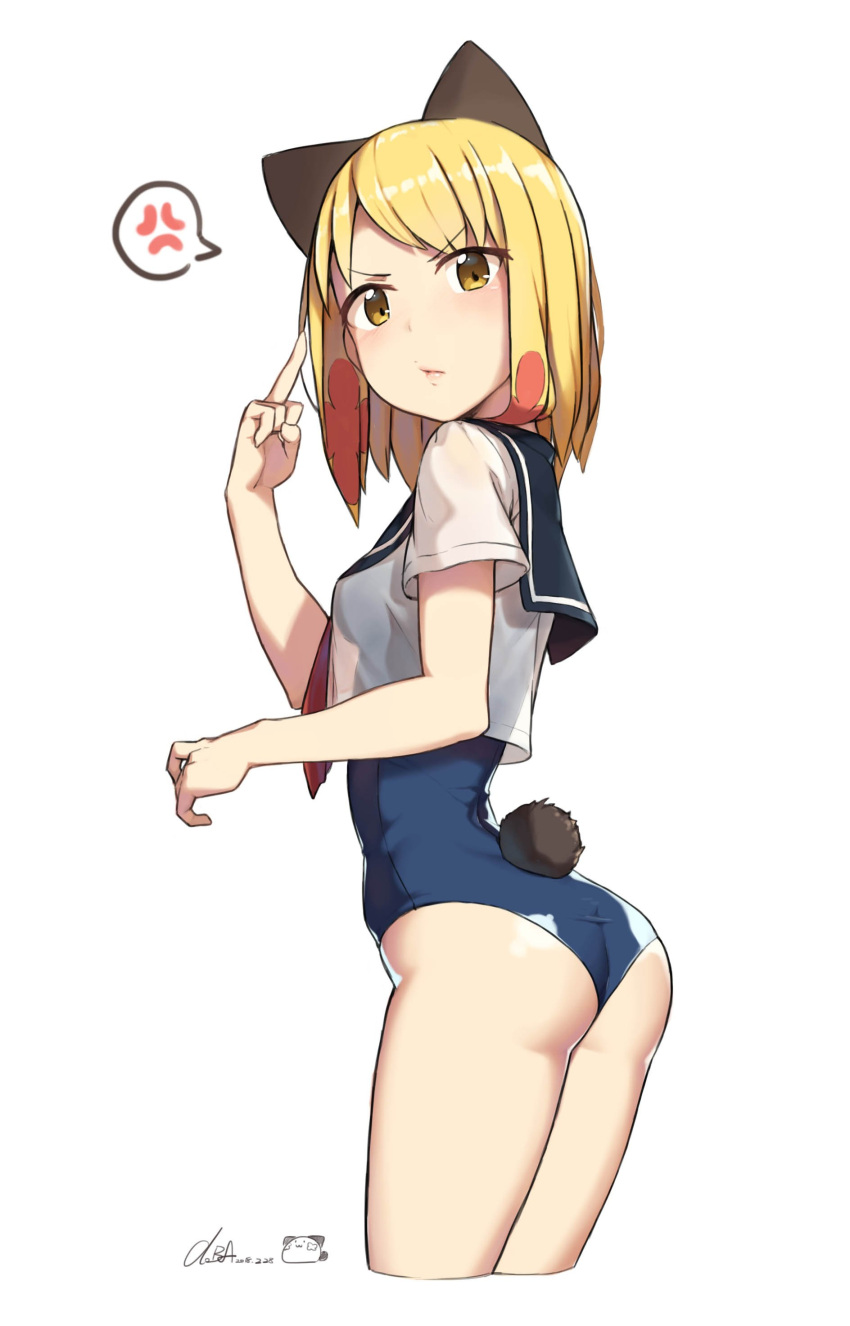 1girl absurdres anger_vein animal_ears artist_name ass bangs blonde_hair blue_sailor_collar blue_swimsuit blush breasts bunny_tail cat_ears cloba cropped_legs dated fake_animal_ears flower frown hair_flower hair_ornament highres looking_at_viewer medium_breasts middle_finger one-piece_swimsuit original pink_flower red_neckwear sailor_collar school_swimsuit see-through short_hair short_sleeves simple_background speech_bubble swimsuit swimsuit_under_clothes tail white_background yellow_eyes