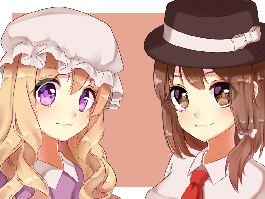 2girls black_hat blonde_hair bow brown_hair closed_mouth collared_dress dress hair_ribbon hat hat_bow highres long_hair looking_at_viewer maribel_hearn mob_cap multiple_girls necktie purple_dress red_neckwear ribbon shiki_(s1k1xxx) shirt short_hair square touhou two-tone_background upper_body usami_renko violet_eyes white_bow white_ribbon white_shirt