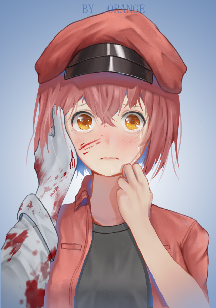 1boy 1girl absurdres ae-3803 artist_name beret black_shirt blood blood_on_face bloody_clothes bloody_hands blue_background blush breasts crying crying_with_eyes_open gradient gradient_background hand_on_another's_cheek hand_on_another's_face hat hataraku_saibou highres jacket orange_(23898602) orange_eyes out_of_frame portrait red_jacket redhead shirt short_hair simple_background small_breasts tears u-1146