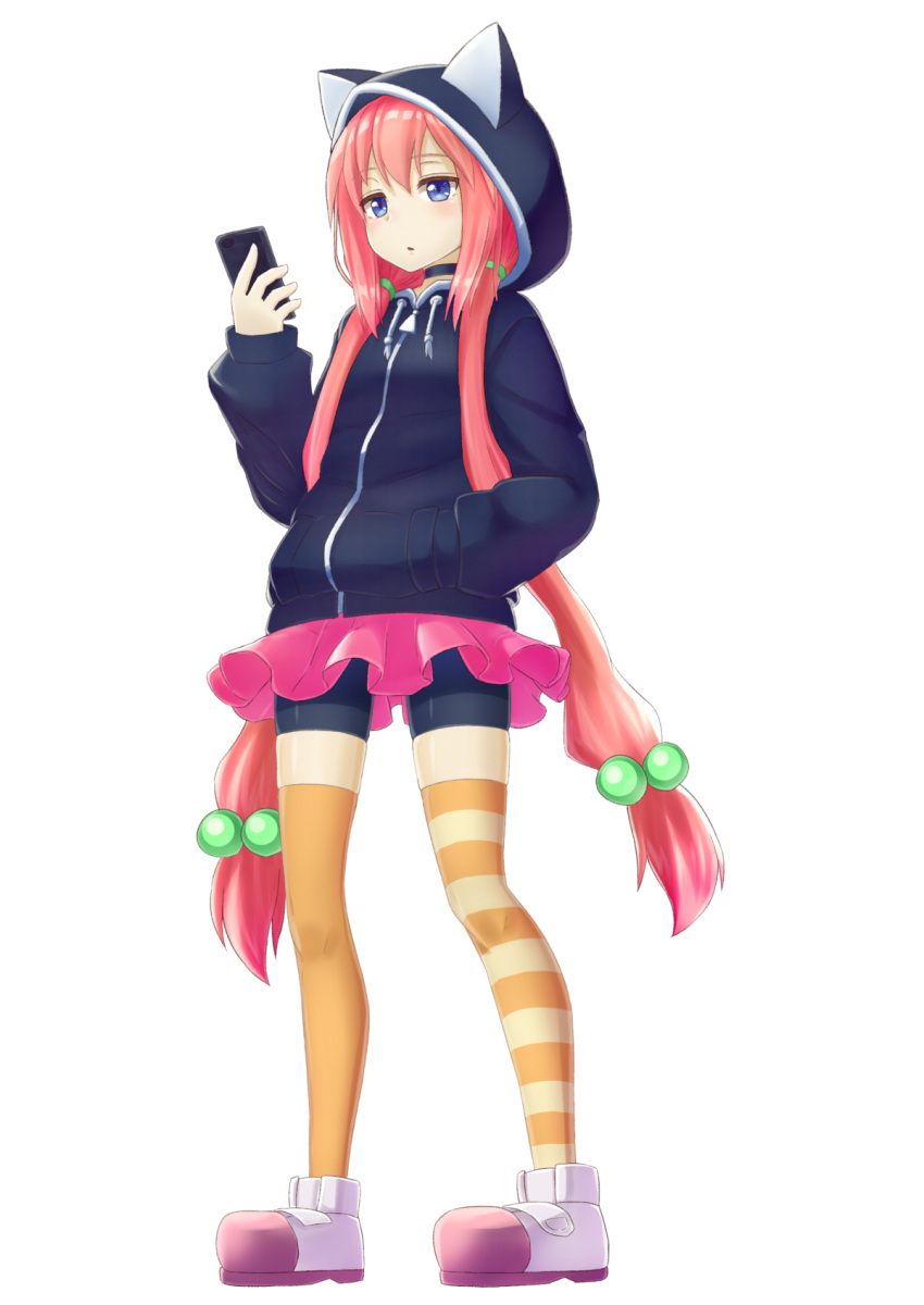 1girl animal_ears animal_hood bangs bike_shorts black_hoodie black_shorts blue_eyes blush boots cat_ears cat_hood cellphone eyebrows_visible_through_hair full_body hair_between_eyes hair_bobbles hair_ornament hand_in_pocket hand_up highres hinata_channel holding holding_cellphone holding_phone hood hood_up hoodie jd_(bibirijd) long_hair long_sleeves low_twintails mismatched_legwear nekomiya_hinata orange_legwear parted_lips phone pink_skirt pleated_skirt puffy_long_sleeves puffy_sleeves redhead short_shorts shorts simple_background skirt sleeves_past_wrists solo standing striped striped_legwear thigh-highs twintails very_long_hair virtual_youtuber white_background white_footwear