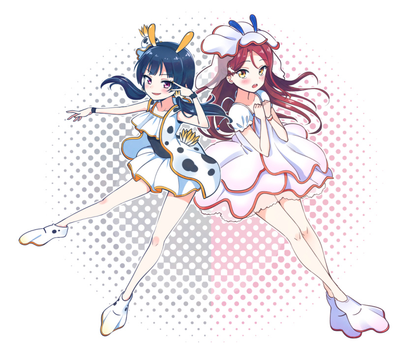 2girls :d :o alternate_hairstyle animal_costume animal_request antennae blue_hair blush bracelet bun_cover clenched_hands collarbone deadnooodles dress full_body hair_ornament halftone halftone_background hands_together hands_up jewelry long_hair looking_at_viewer love_live! love_live!_sunshine!! multiple_girls open_mouth redhead sakurauchi_riko sea_slug skirt smile tsushima_yoshiko twintails v-shaped_eyebrows v_over_eye veil vest violet_eyes white_footwear yellow_eyes