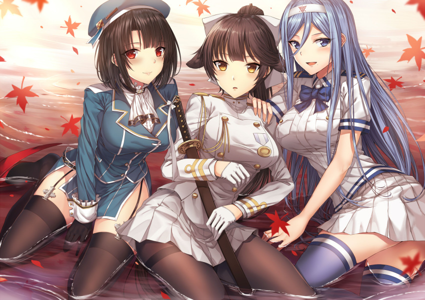 aiguillette animal_ears aoki_hagane_no_arpeggio ascot azur_lane bangs beret black_gloves black_hair black_legwear blue_eyes blue_hair blue_legwear blue_ribbon blue_skirt blush bow breast_pocket breasts brown_eyes choker collared_shirt dog_ears eyebrows_visible_through_hair garter_straps gloves hair_between_eyes hair_bow hair_ears hair_flaps hairband half_gloves hat highres holding holding_sword holding_weapon jacket kantai_collection katana large_breasts leaf leaves_in_wind long_hair looking_at_viewer luzi medium_breasts military military_uniform mole mole_under_mouth multiple_girls neck_ribbon open_mouth pantyhose partially_submerged pelvic_curtain pleated_skirt pocket ponytail red_eyes ribbon ripples sheath sheathed shirt short_hair short_sleeves side_slit sidelocks sitting skirt smile sword takao_(aoki_hagane_no_arpeggio) takao_(azur_lane) takao_(kantai_collection) thigh-highs thighband_pantyhose thighs uniform very_long_hair weapon white_bow white_gloves white_neckwear white_skirt yokozuwari