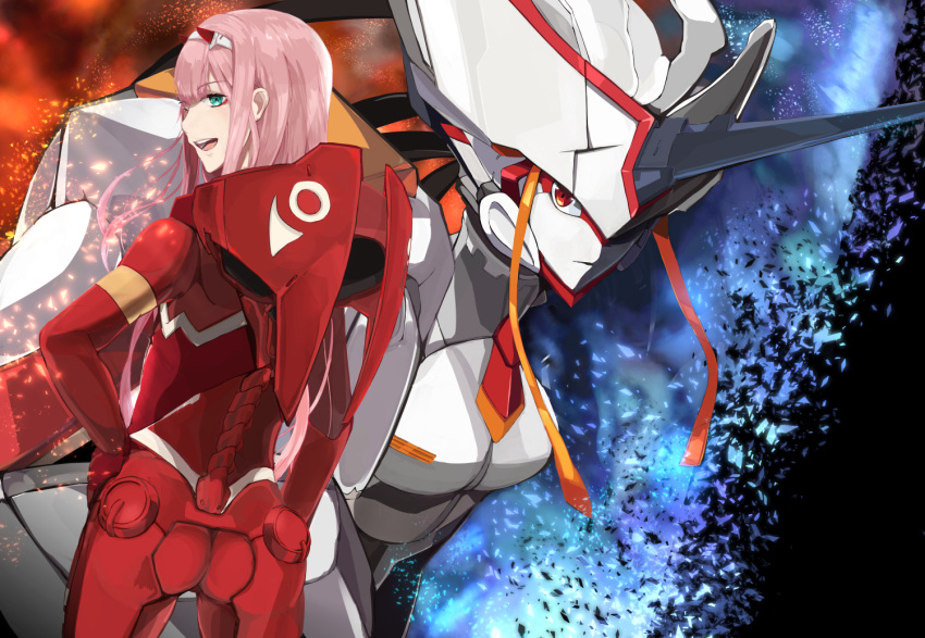 1girl :d ass bodysuit darling_in_the_franxx eyebrows_visible_through_hair floating_hair green_eyes hairband hand_on_hip horns long_hair looking_at_viewer looking_back mecha open_mouth pilot_suit pink_hair red_bodysuit red_eyes smile solo strelizia white_hairband zero_two_(darling_in_the_franxx)