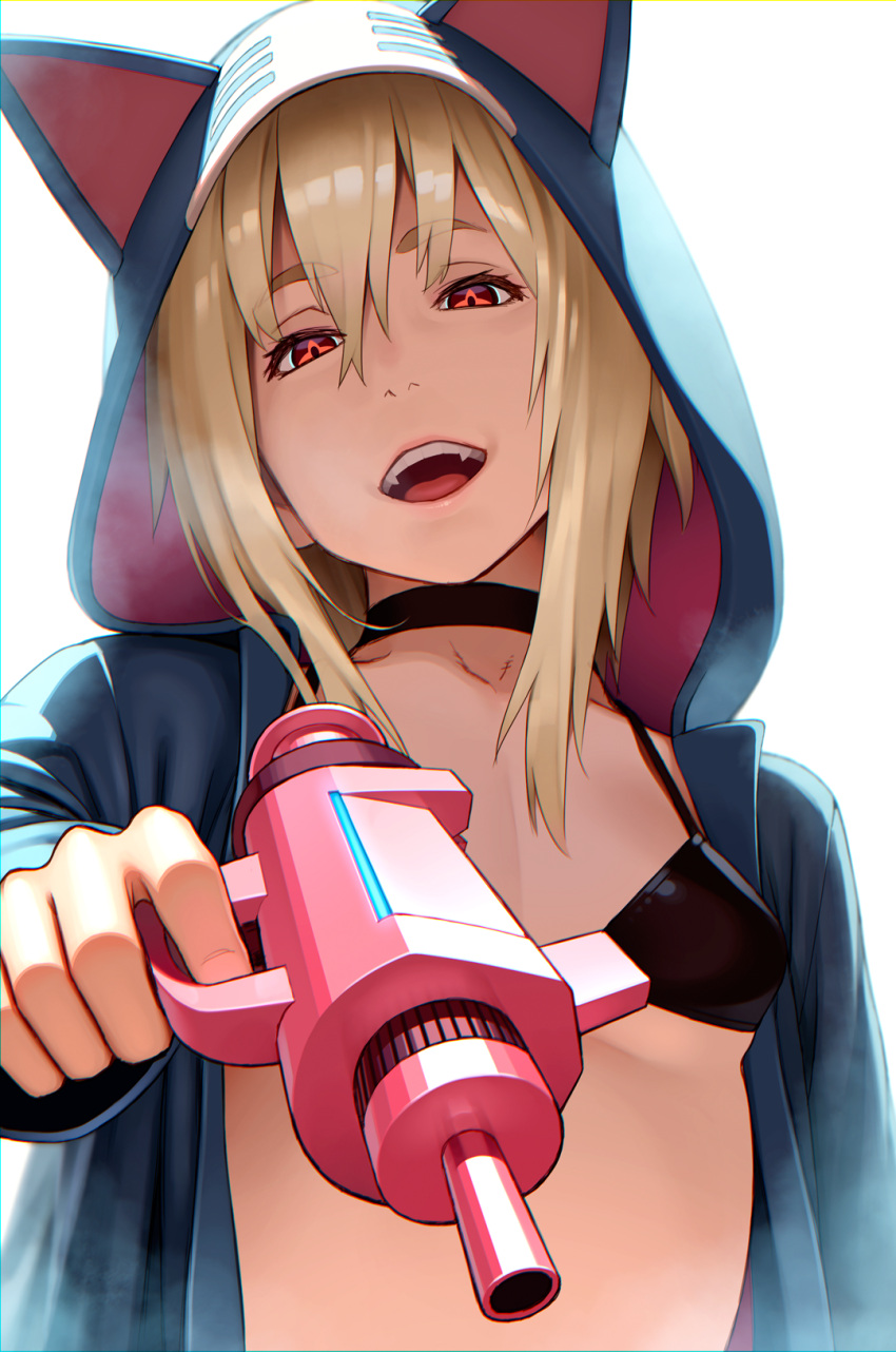 1girl :d animal_hood black_bra black_choker blonde_hair bra breasts choker cosplay doraemon doraemon_(character) doraemon_(character)_(cosplay) energy_gun eyebrows_visible_through_hair fangs finger_on_trigger go_robots hair_between_eyes head_tilt highres holding holding_sword holding_weapon hood hood_up hoodie long_sleeves looking_at_viewer open_clothes open_hoodie open_mouth pointing pointing_at_viewer red_eyes short_hair simple_background small_breasts smile solo sword underwear upper_body weapon white_background