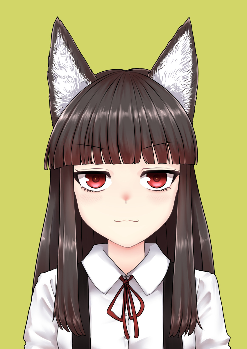 1girl :3 absurdres animal_ears bangs blunt_bangs brown_hair closed_mouth collared_shirt commentary_request eyebrows_visible_through_hair fox_ears fox_girl grey_background highres inagaki_yoko long_hair looking_at_viewer neck_ribbon original red_eyes red_neckwear red_ribbon ribbon shirt simple_background smile smug solo suspenders toluda upper_body virtual_youtuber white_shirt wing_collar
