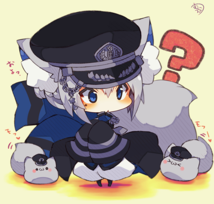 &gt;_&lt; 1girl :3 ? animal animal_ears bangs black_hat black_jacket black_legwear blue_eyes blush blush_stickers cat cat_ears cat_girl cat_tail chains chibi closed_eyes closed_mouth full_body hair_between_eyes hands_up hat heart jacket long_sleeves military_hat military_jacket mole mole_under_eye muuran original pants pantyhose peaked_cap puffy_pants short_hair sidelocks signature silver_hair sleeves_past_fingers sleeves_past_wrists solo standing star tail translated white_pants wide_sleeves yellow_background