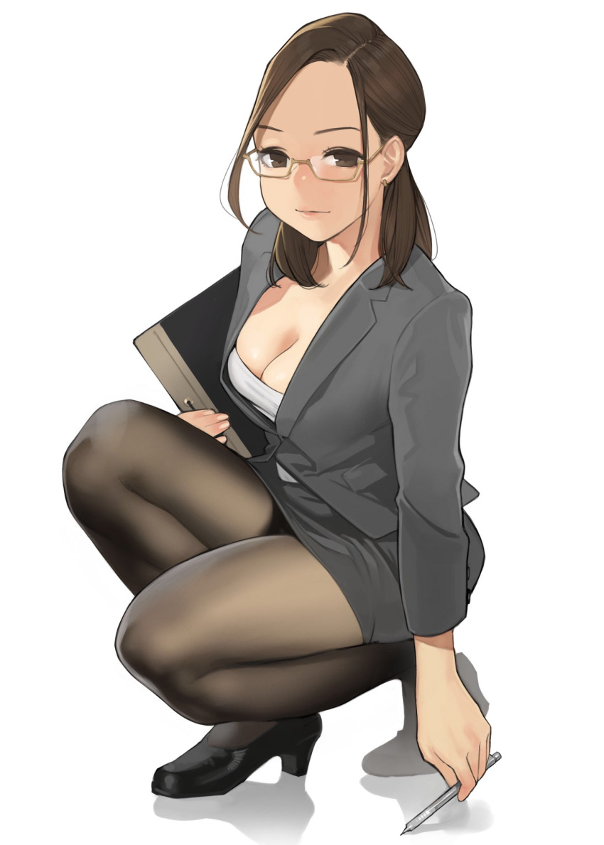 1girl black_legwear breasts brown_eyes brown_hair business_suit cleavage earrings formal high_heels highres jewelry long_hair looking_at_viewer mechanical_pencil original pantyhose pencil skirt smile solo squatting suit yomu_(sgt_epper)