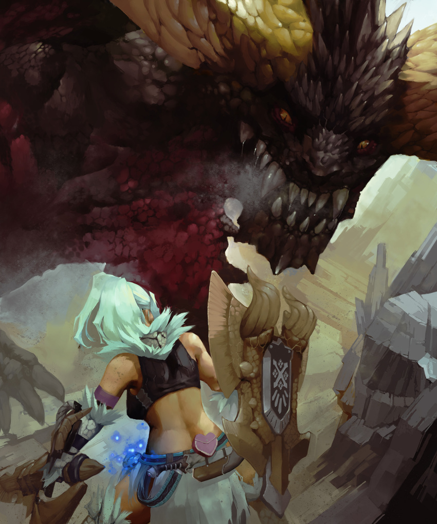 1girl armor back bare_shoulders belt belt_pouch boots breath charge_blade claws gauntlets glowing heart high_ponytail highres holding holding_shield holding_sword holding_weapon horns insect_cage kirin_(armor) knife knife_holster loincloth long_hair looking_at_another midriff monster monster_hunter monster_hunter:_world nergigante outdoors ponytail pouch saliva satoshi1923 scales sharp_teeth shield size_difference slit_pupils spikes standing stone sword tank_top teeth thigh-highs thigh_boots weapon white_hair yellow_eyes zettai_ryouiki
