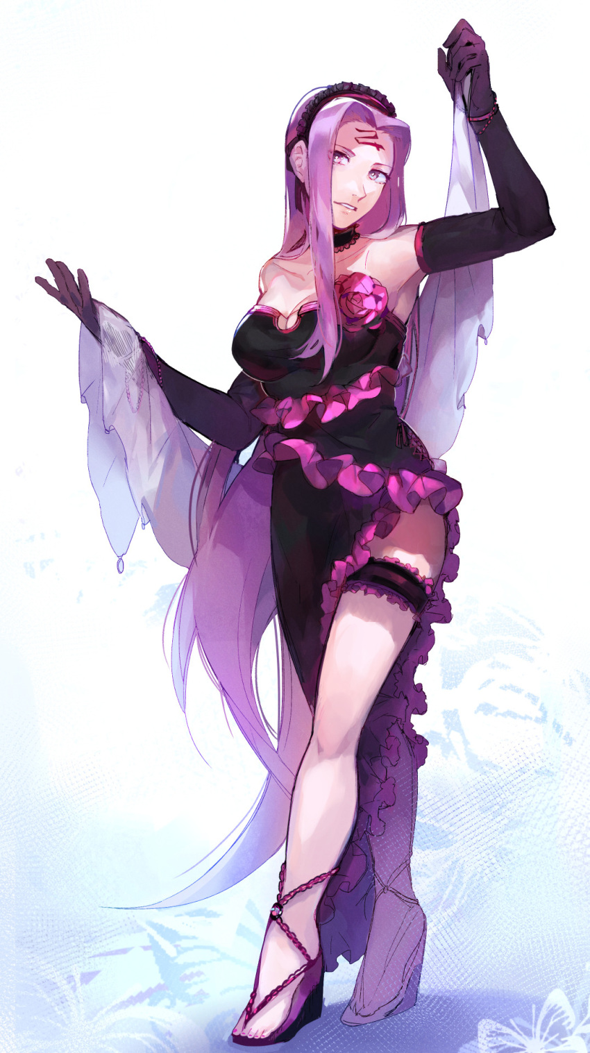 1girl armpits bangs bare_shoulders black_dress black_gloves breasts bright_pupils cleavage dress elbow_gloves facial_mark fate/stay_night fate_(series) flower forehead_mark frilled_hairband frills full_body gloves hairband hands_up highres idk-kun large_breasts leg_garter light_smile long_dress long_hair looking_at_viewer parted_bangs parted_lips pink_flower pink_rose purple_hair rider rose smile solo standing very_long_hair violet_eyes white_background