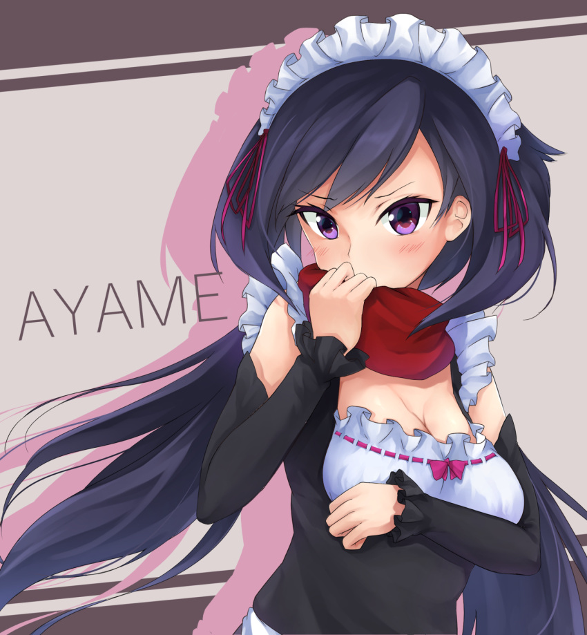 1girl alternate_costume ayame_(gundam_build_divers) bangs black_hair blush breast_hold breasts character_name cleavage commentary_request detached_sleeves embarrassed english enmaided frills gundam gundam_build_divers highres low_ponytail maid maid_headdress medium_breasts minami_machi red_scarf scarf silhouette solo split_ponytail violet_eyes