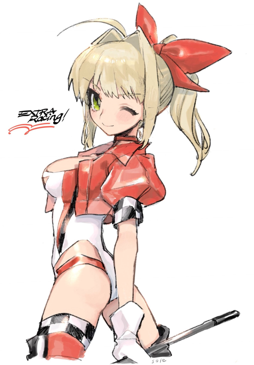 1girl ahoge alternate_costume arched_back ass asymmetrical_legwear blonde_hair boots bow breasts choker closed_mouth cowboy_shot cropped_jacket english fate/extra fate_(series) from_side gloves green_eyes hair_bow hair_intakes highres jacket juliet_sleeves leotard long_hair long_sleeves looking_at_viewer nero_claudius_(fate) nero_claudius_(fate)_(all) one_eye_closed open_clothes open_jacket ponytail puffy_sleeves racequeen red_bow red_jacket short_sleeves sideboob sidelocks signature simple_background smile solo thigh-highs thigh_boots thighs white_background white_gloves ywyw_mntl