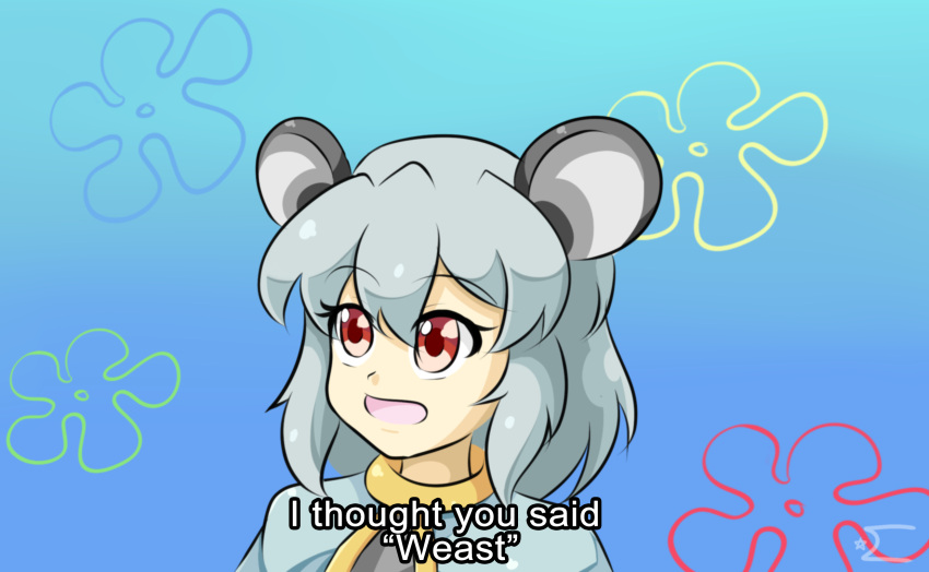 1girl animal_ears blue_background blue_sky day english eyebrows_visible_through_hair grey_hair highres mouse_ears nazrin neferkitty open_mouth raised_eyebrows red_eyes short_hair sky spongebob_squarepants touhou