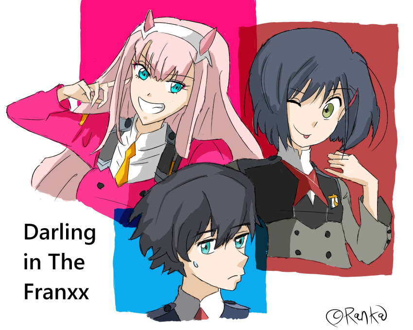 1boy 2girls bangs black_hair blue_eyes blue_hair commentary_request darling_in_the_franxx english eyebrows_visible_through_hair green_eyes hair_ornament hairband hand_up highres hiro_(darling_in_the_franxx) horns ichigo_(darling_in_the_franxx) long_hair long_sleeves looking_at_viewer military military_uniform multiple_girls necktie one_eye_closed oni_horns orange_neckwear pink_hair ranka2010 red_horns red_neckwear short_hair signature sweatdrop tongue tongue_out uniform white_hairband zero_two_(darling_in_the_franxx)