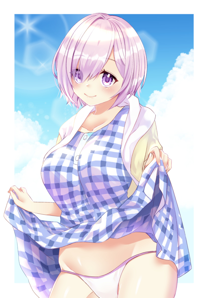 1girl absurdres bangs bikini bikini_under_clothes blue_dress blue_sky breasts closed_mouth clouds collarbone commentary_request day dress eyebrows_visible_through_hair eyes_visible_through_hair fate/grand_order fate_(series) groin hair_over_one_eye highres hood hood_down hooded_jacket jacket mash_kyrielight medium_breasts nekomiya_noru_(yuduki710) open_clothes open_jacket pink_hair plaid plaid_dress short_hair sky smile solo swimsuit violet_eyes white_bikini yellow_jacket