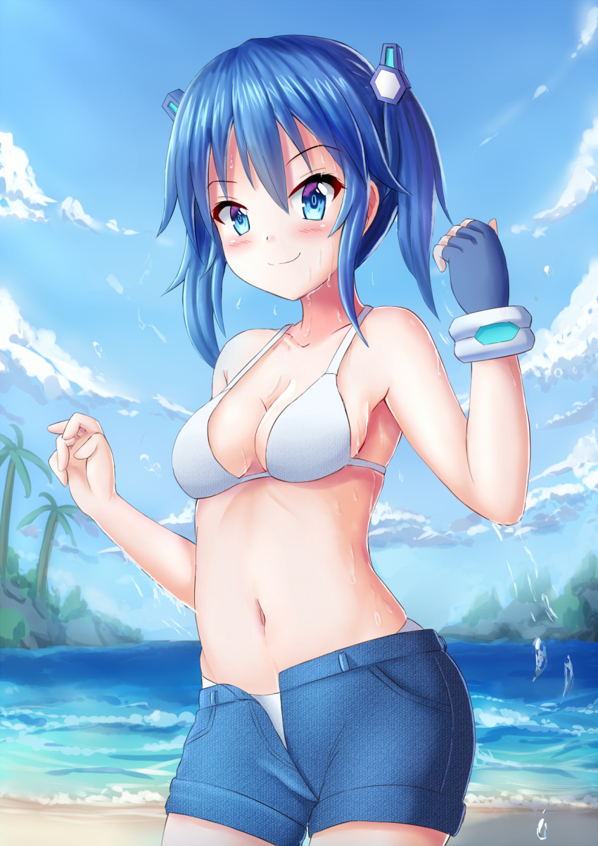 1girl arlly_radithia bare_arms bare_shoulders bikini blue_eyes blue_gloves blue_hair blue_shorts blue_sky blush breasts cleavage closed_mouth clouds collarbone commentary_request day fingerless_gloves gloves hair_ornament highres horizon medium_breasts navel ocean open_clothes open_fly open_shorts original outdoors palm_tree short_shorts shorts single_glove sky smile solo swimsuit tree two_side_up water wet white_bikini