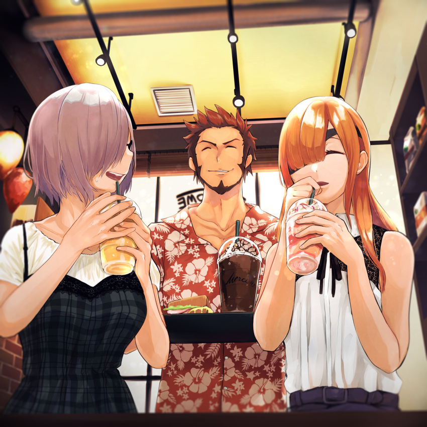 1boy 2girls 5saiji bare_shoulders beard black-framed_eyewear blurry blurry_foreground breasts brown_hair closed_eyes collarbone commentary_request cup depth_of_field disposable_cup dress drinking_straw eyepatch facial_hair fate/grand_order fate_(series) floral_print food glasses grey_dress hawaiian_shirt highres holding holding_tray indoors long_hair mash_kyrielight medium_breasts multiple_girls napoleon_bonaparte_(fate/grand_order) open_mouth ophelia_phamrsolone orange_hair parted_lips plaid plaid_dress print_shirt purple_hair red_shirt sandwich shirt short_hair short_sleeves sleeveless sleeveless_dress sleeveless_shirt smile spiky_hair standing sweat tray white_shirt