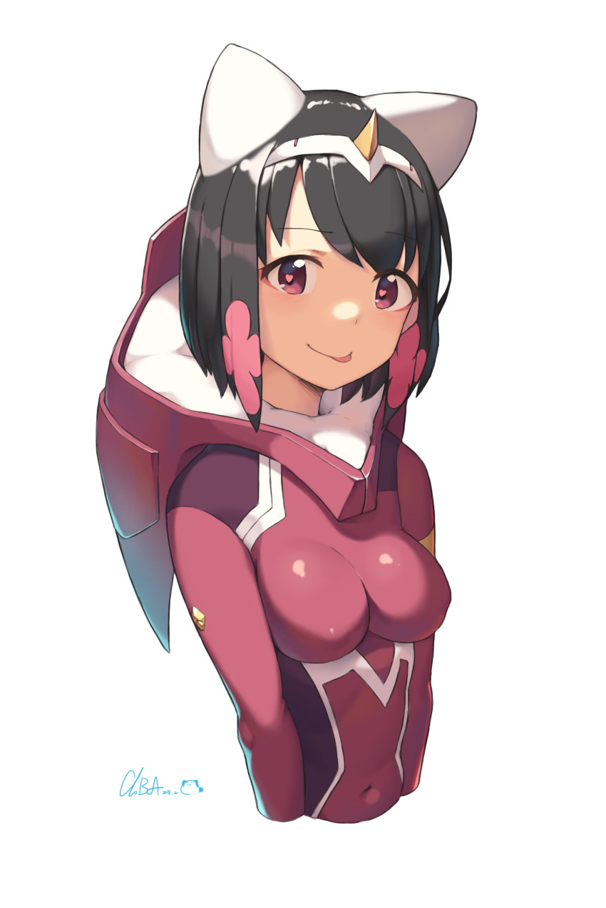 absurdres animal_ears artist_name bangs blush bodysuit breasts brown_hair cat_ears cleavage cloba cosplay covered_navel darling_in_the_franxx flower hair_flower hair_ornament hairband heart heart-shaped_pupils highres horn long_sleeves looking_at_viewer medium_breasts original pilot_suit pink_eyes pink_flower red_bodysuit short_hair simple_background skin_tight smile symbol-shaped_pupils tongue tongue_out upper_body white_background white_hairband zero_two_(darling_in_the_franxx) zero_two_(darling_in_the_franxx)_(cosplay)