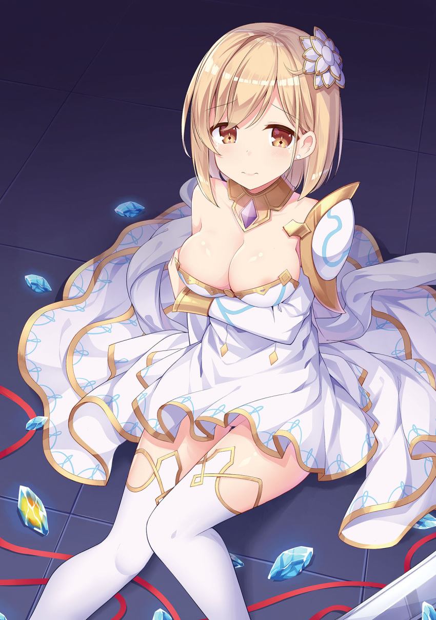 1girl amemiya_ruki blush breast_hold breasts brown_eyes djeeta_(granblue_fantasy) dress eyebrows_visible_through_hair gem granblue_fantasy highres looking_at_viewer medium_breasts on_floor short_hair sitting solo strapless strapless_dress thigh-highs tile_floor tiles white_dress white_legwear