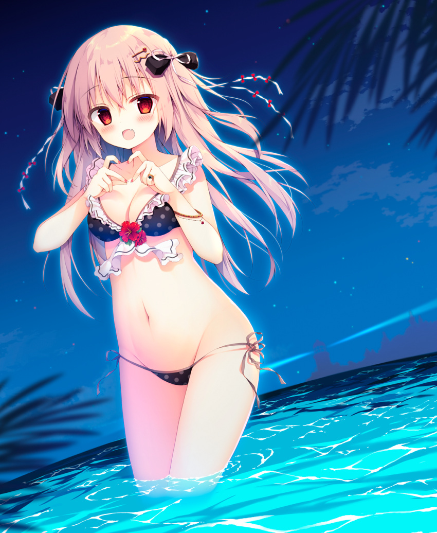 1girl :d bangs bare_arms bare_shoulders bikini black_bikini black_bow blurry blurry_foreground blush bow breasts cleavage collarbone commentary_request depth_of_field eyebrows_visible_through_hair fang fingernails groin hair_between_eyes hair_bow hair_ribbon hands_up heart heart_hands highres horizon izumiyuhina jewelry lighthouse long_hair looking_at_viewer medium_breasts nail_polish navel night night_sky ocean open_mouth original outdoors pink_hair polka_dot polka_dot_bikini red_eyes red_nails ribbon ring side-tie_bikini sky smile solo star_(sky) starry_sky swimsuit very_long_hair wading water white_ribbon