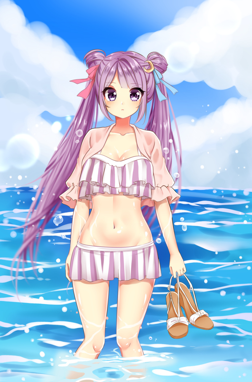 1girl alternate_costume alternate_hairstyle capelet closed_mouth clouds cloudy_sky expressionless frills highres holding holding_shoes looking_at_viewer no_hat no_headwear partially_submerged patchouli_knowledge purple_hair shoes sky striped swimsuit touhou twintails vertical_stripes violet_eyes water